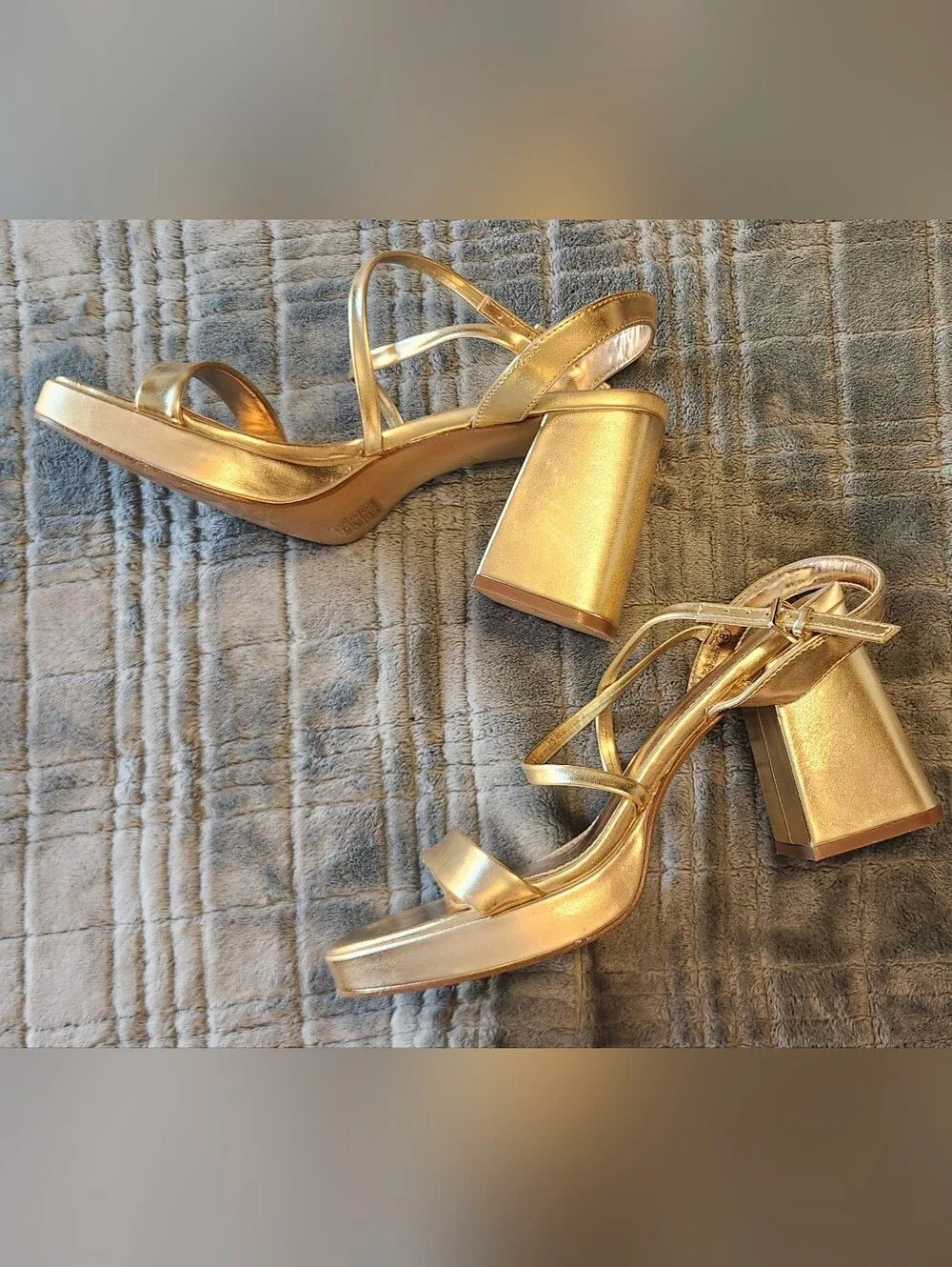 Women's Gold Chunky Metallic Platform Strappy Block Heel Square Toe Sandal, 8